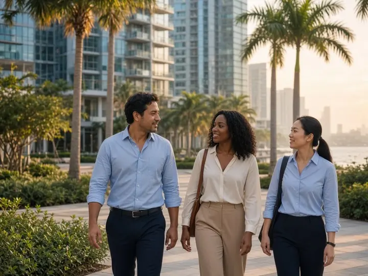 Diverse professionals walking a palm-lined South Florida office courtyard — workplace employee benefits