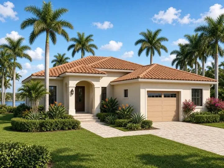 Typical Florida stucco home with barrel-tile roof and palms — home insurance coverage