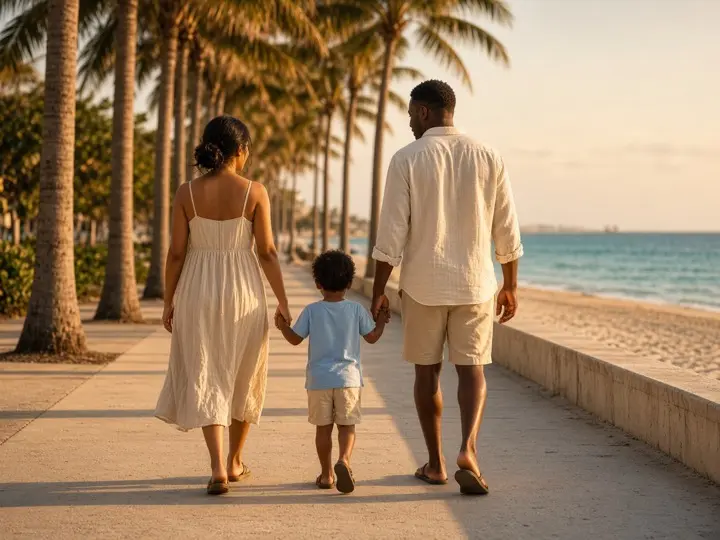 Family walking a palm-lined South Florida beach path — term life insurance protection