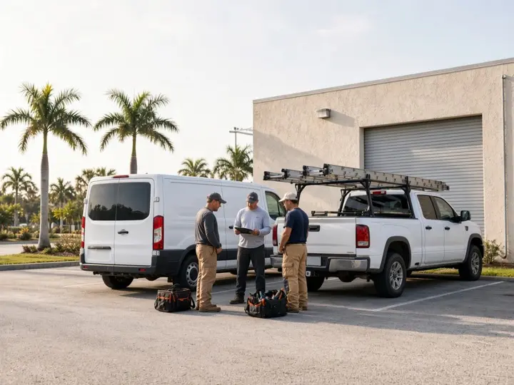 Florida contractors reviewing the day's work beside a van and pickup at a shop